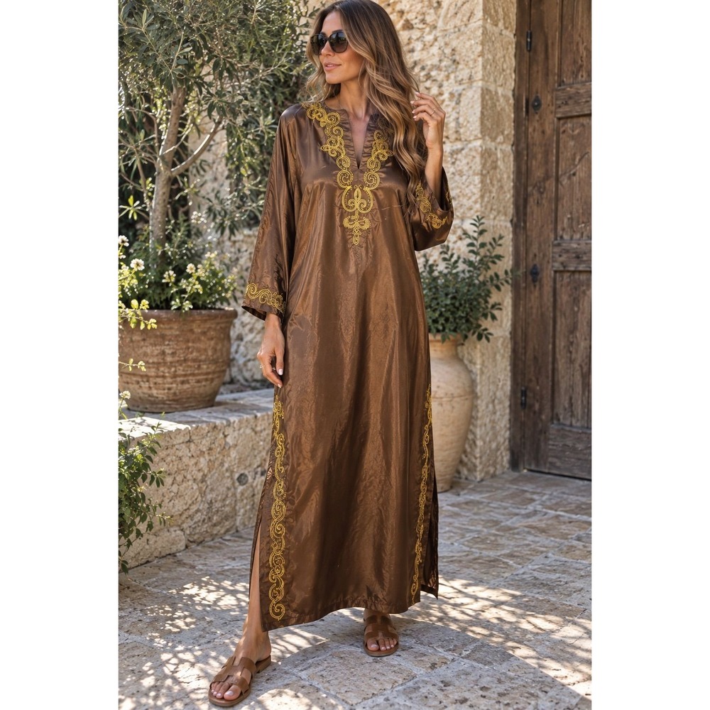 I MAN Bronze Satin Kaftan Tunic Dress | Gold Embroidered Detail | Oversized XS